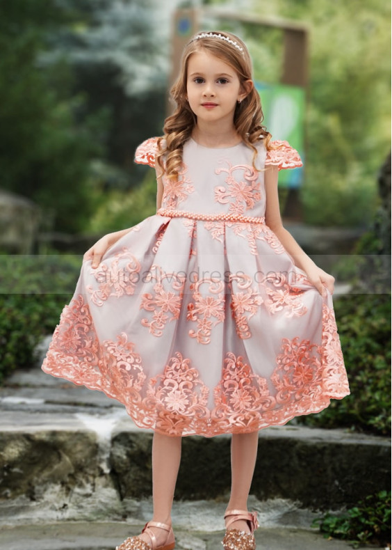 Rose Pink Lace Gray Satin Keyhole Back Elegant Flower Girl Dress